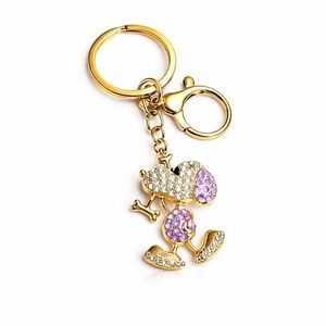Snoopy Like Dog Gold Tone Keychain Backpack Charm Purple Rhinestone Metal Clip